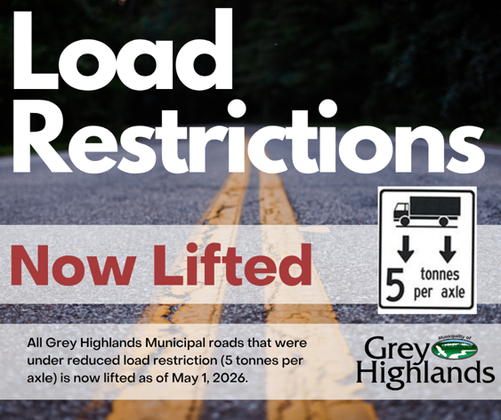 Load restrictions on Grey Highlands roads are lifted. Background shows road with yellow lines. Text includes "Now Lifted" and a sign of 5 tonnes per axle.