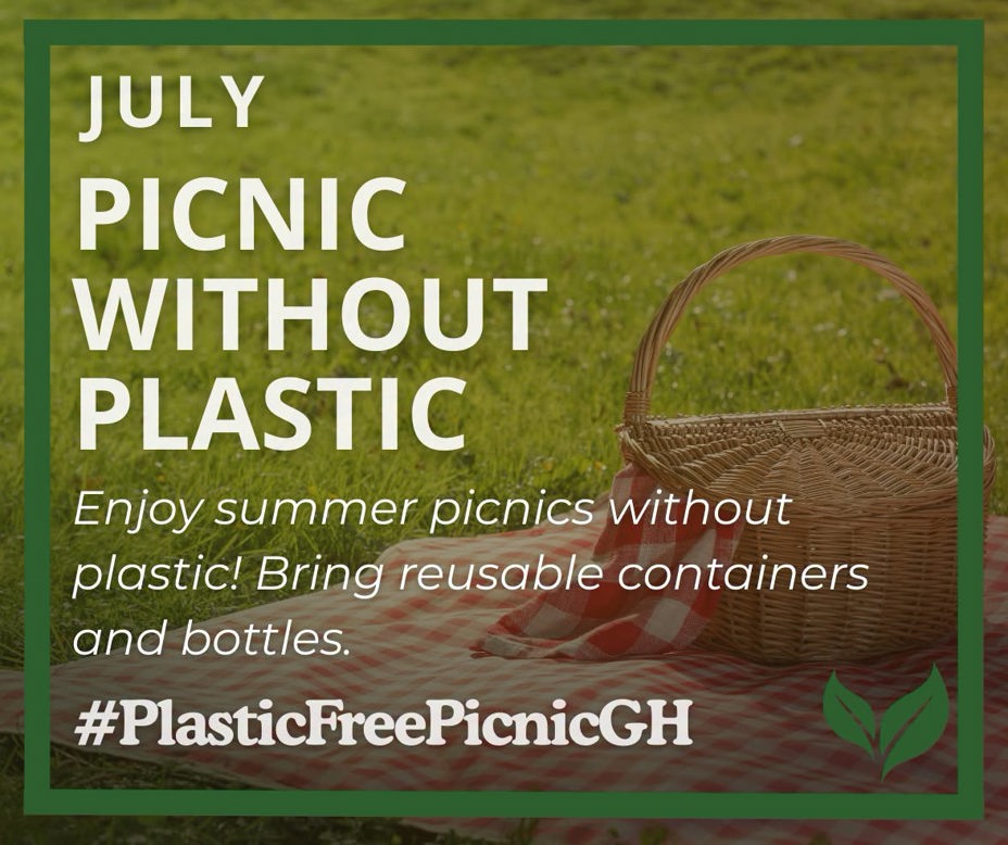 A picnic basket on grass with a gingham cloth. Text overlay: "July Picnic Without Plastic. Enjoy summer picnics with reusable containers. #PlasticFreePicnicGH.